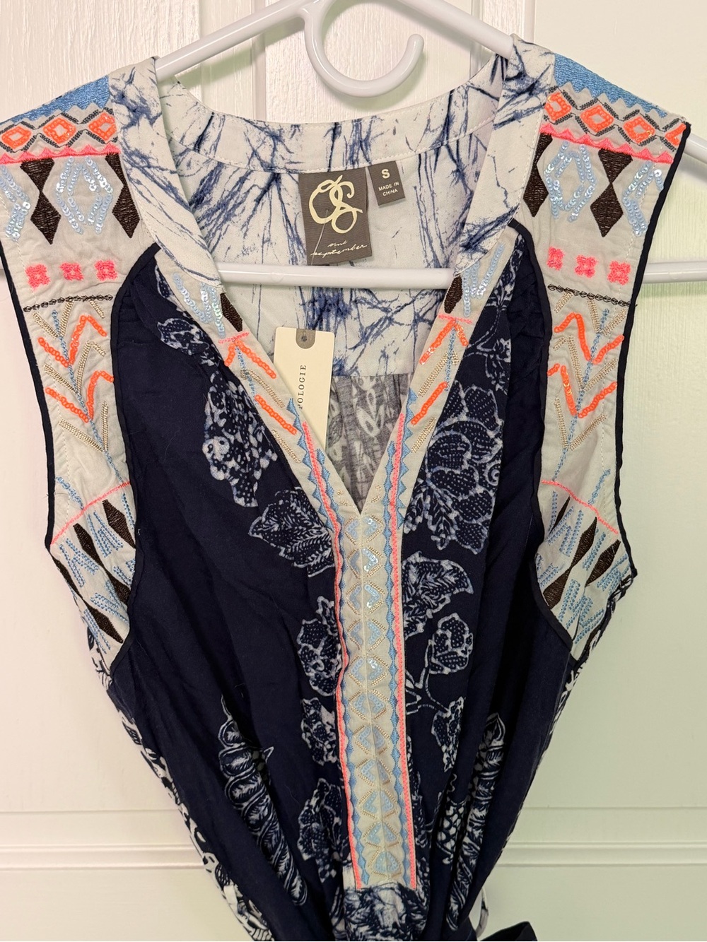 One September Navy Embroidered V-Neck Tunic with Coral & Light Blue Accents